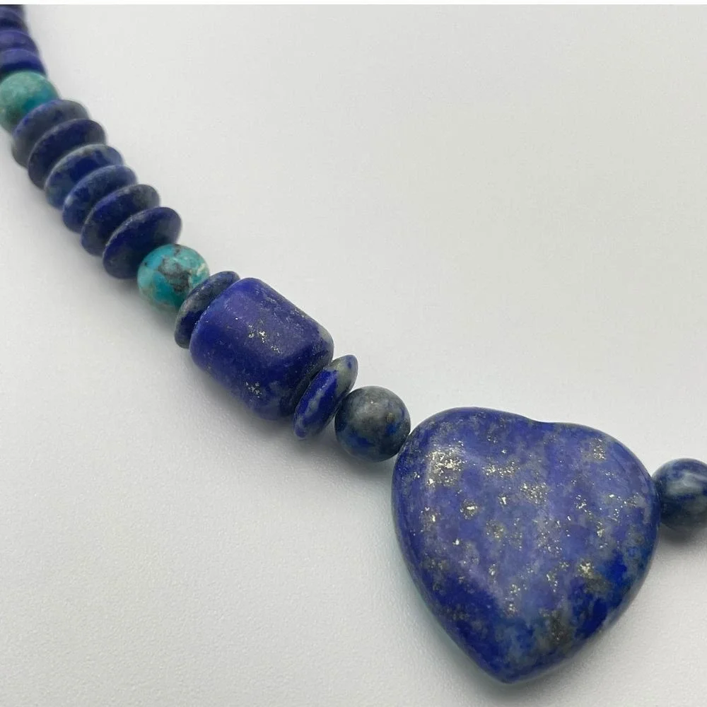 Vintage Jay King Turquoise Lapis Reversible Heart Beaded Necklace DTR Mine Finds